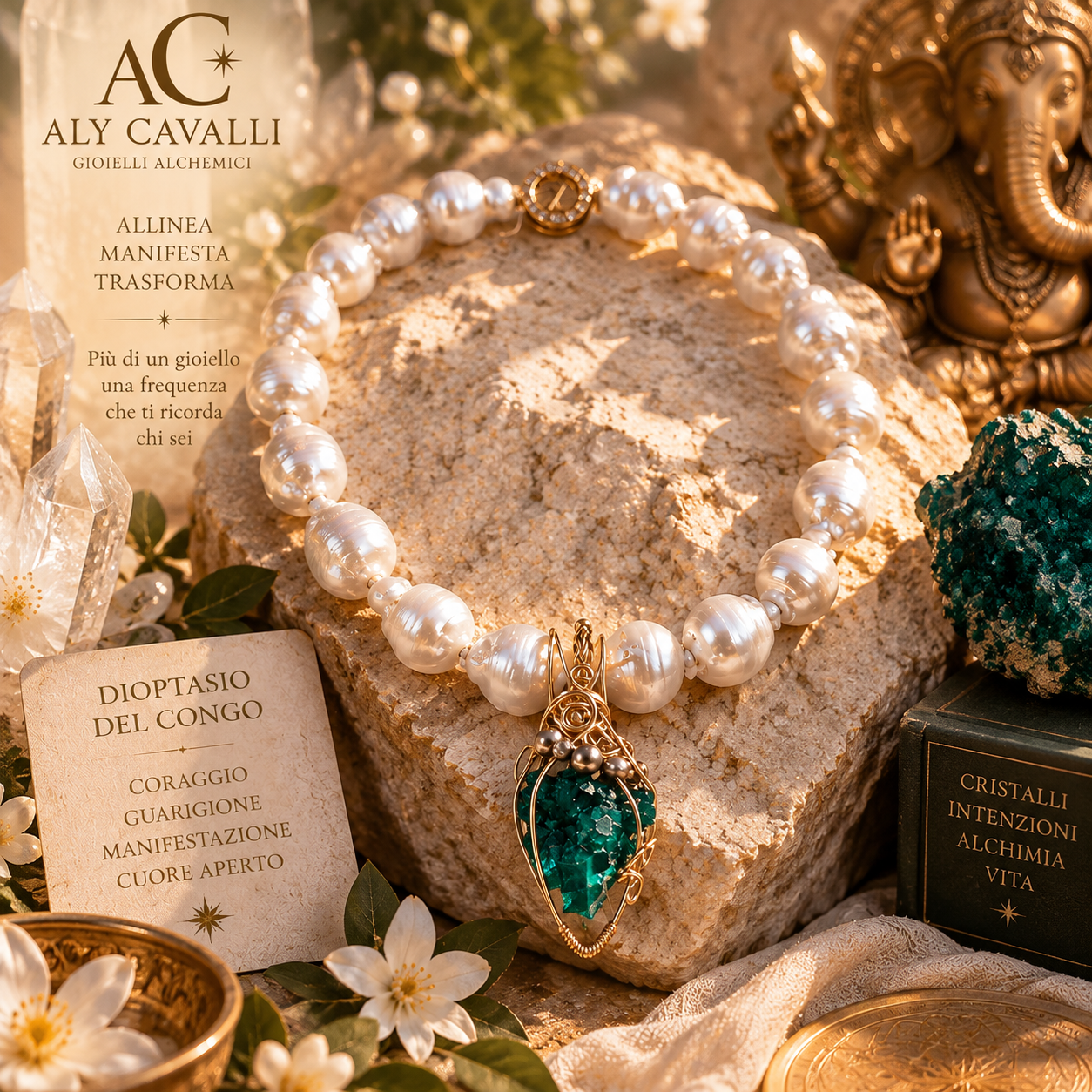 CUORE DI GAIA – Collana con Perle Barocche e Dioptasio in Oro 14K | Alchimia Cristallina