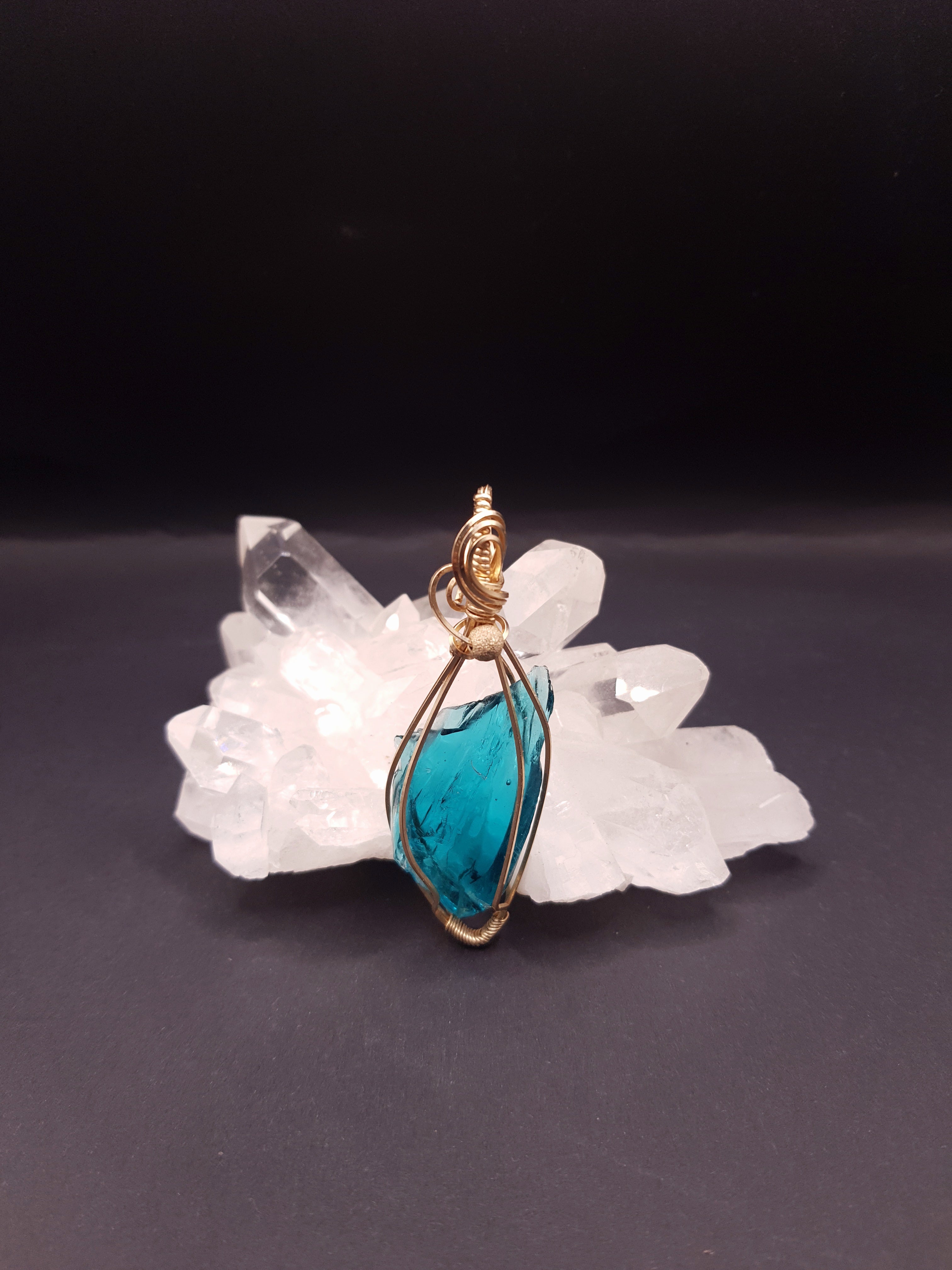 Ciondolo con Cristallo Andara Oro 14K – Blu Verde Oceano – Attivazione DNA