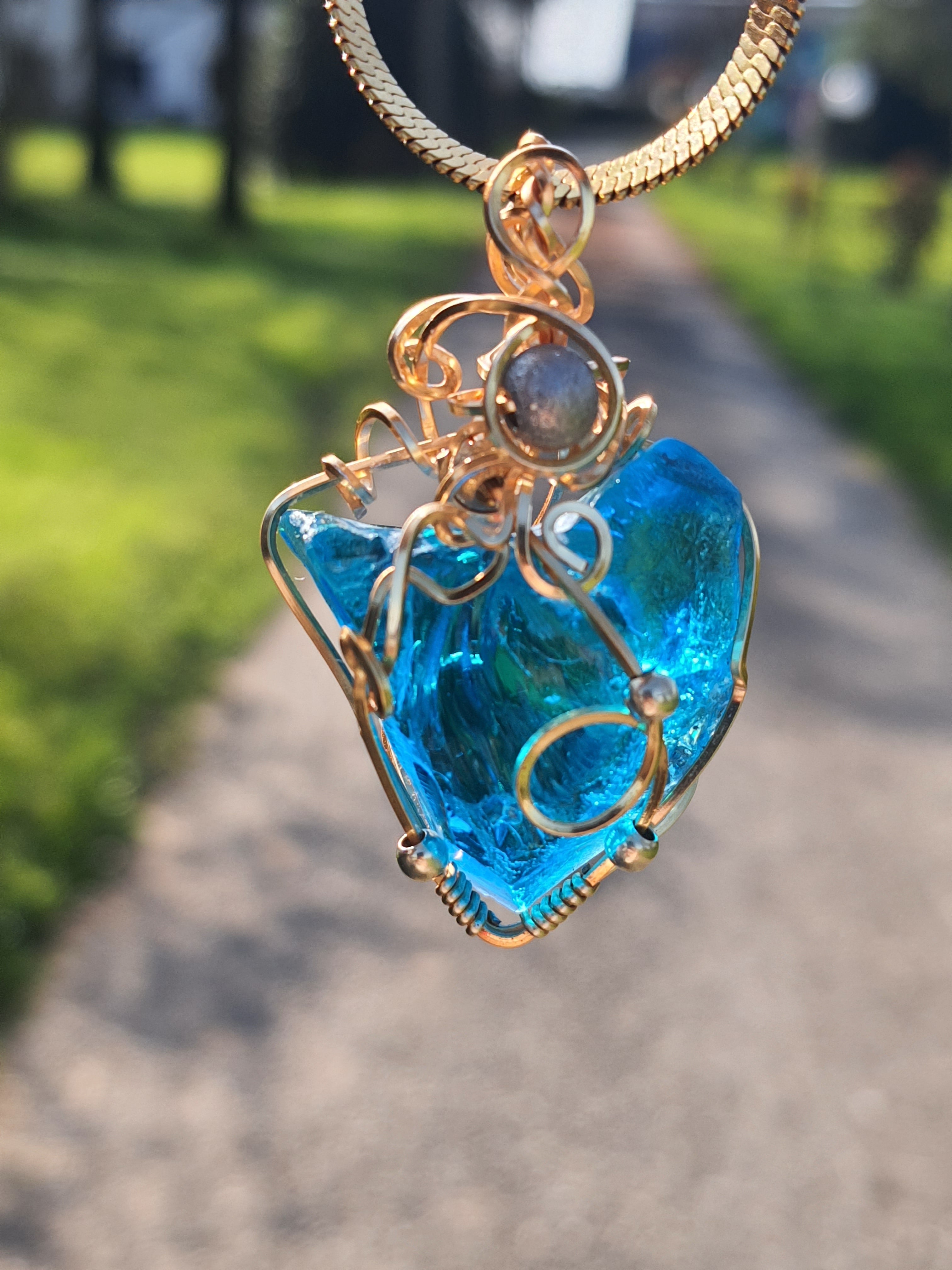 Blue Ray – Genuine 14K Gold Brilliant Blue Andara Crystal Pendant – High Vibration, DNA Activation