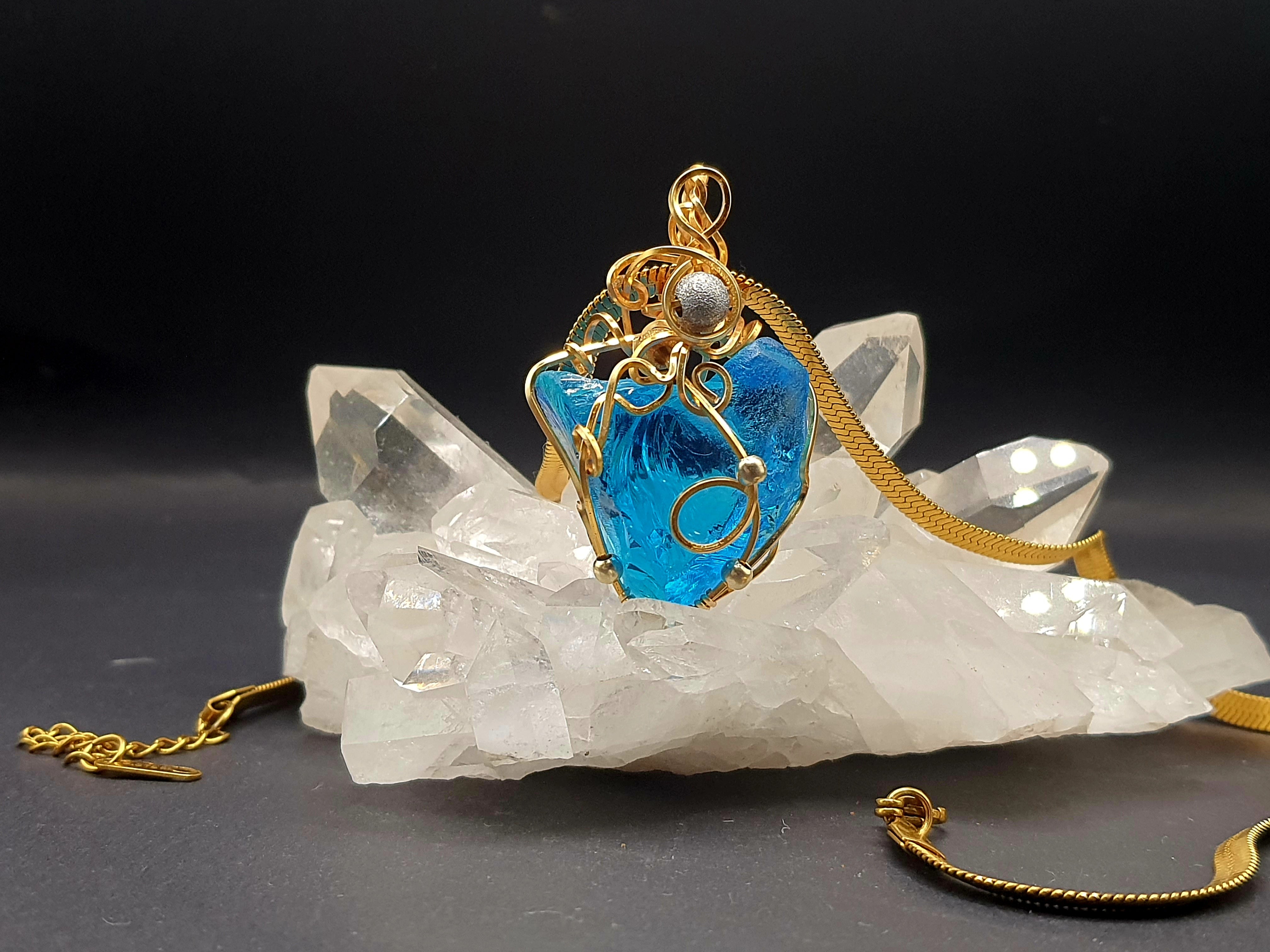 Blue Ray – Genuine 14K Gold Brilliant Blue Andara Crystal Pendant – High Vibration, DNA Activation