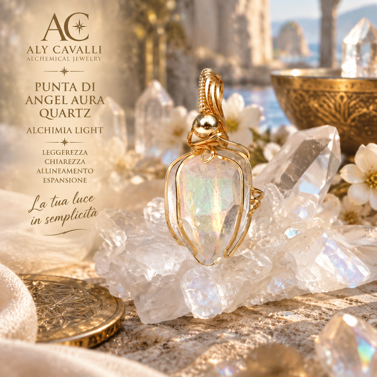 ANGEL AURA QUARTZ – Ciondolo Punta Placcato Oro | Alchimia Cristallina Light
