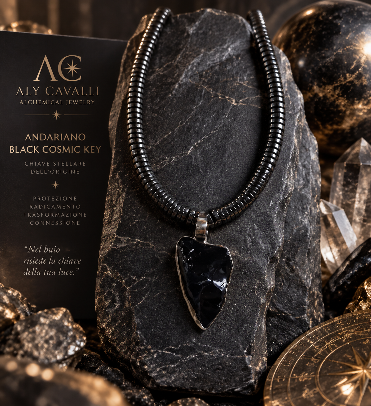 Cosmic Key Andarian Black – Ciondolo in argento 925 su collana di ematite | Alchimia Cristallina™
