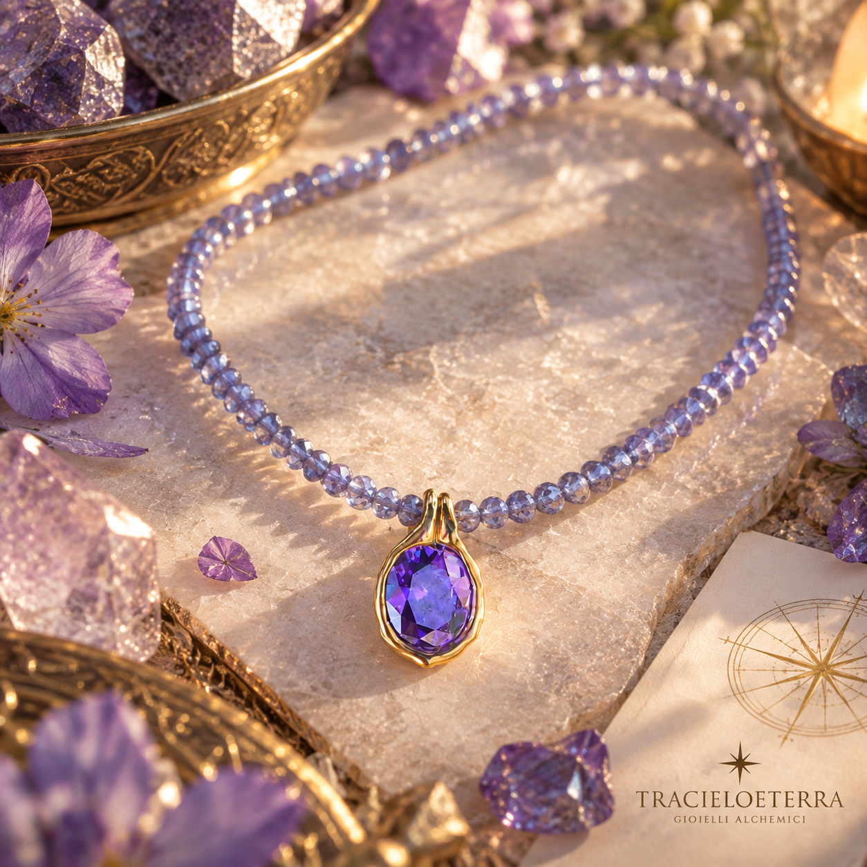 Pendant 14k gold Purple merlin Andara Crystal diamond cut – High Vibration, DNA Activation, Light Codes, with exclusive bonus, exclusive