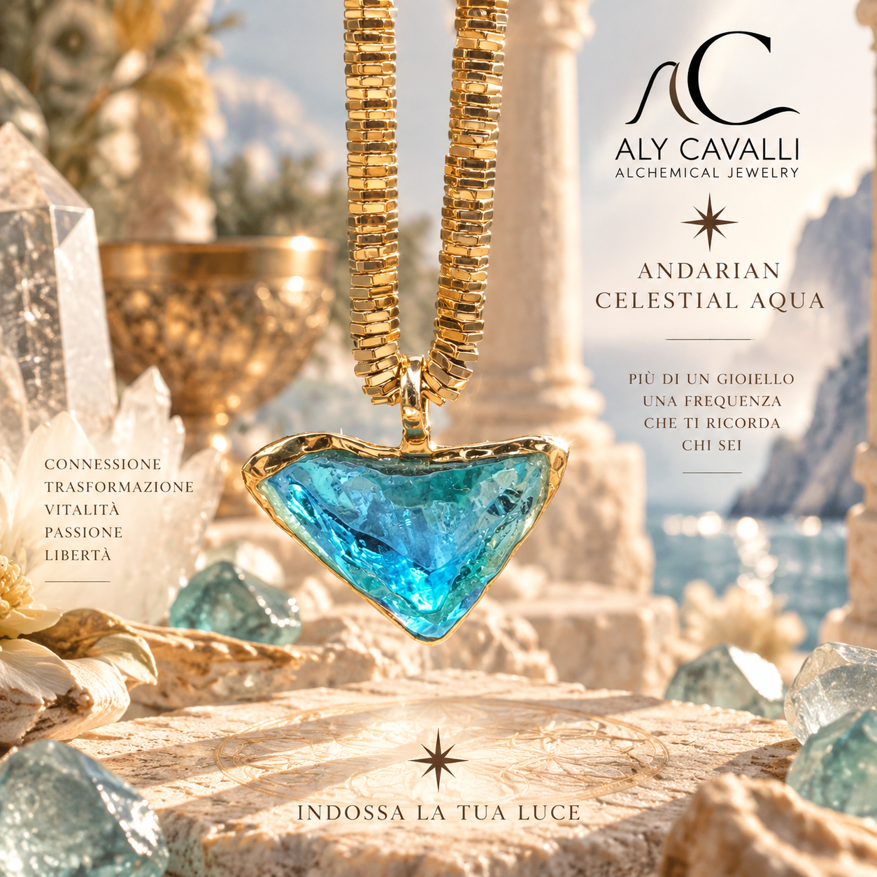 Rayon Bleu – Pendentif Cristal Andara Bleu Brillant Plaqué Or – Haute Vibration, Activation ADN