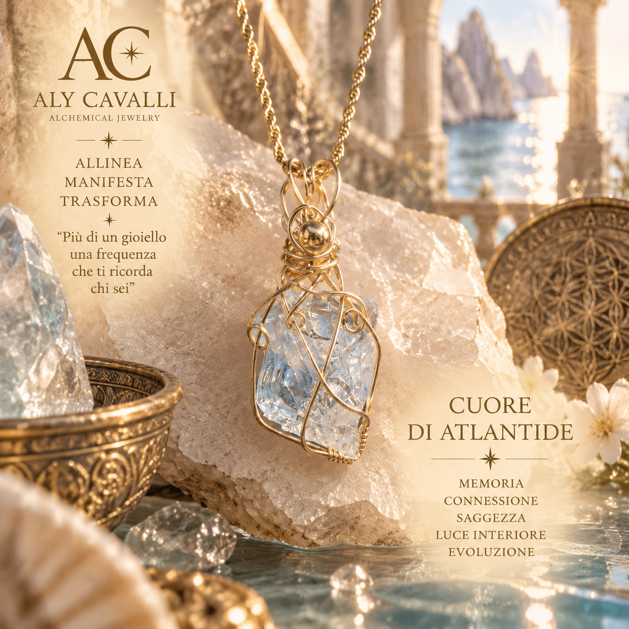 Gold-Plated Andara Crystal Pendant – Diamond Cut, Heart of Atlantis